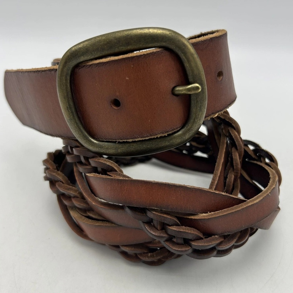Fossil Dark Brown Braided Leather Belt with Brass Buckle Sz S
